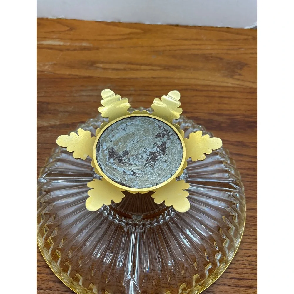 Vintage Cut Glass‎ 3 Section Candy Dish Gold Rim Ornate Footed Pedestal Base